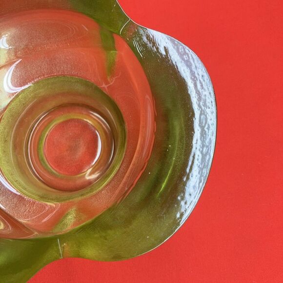 Vintage MCM Glass Bowl / Pedestal / Heavy / Green Clover / Iridescent / Flaw - Picture 6 of 13